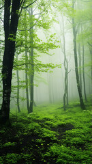 Wall Mural - misty landscape in a fresh green spring forest, vertical panoramic view, trunks of green trees in th