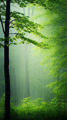 Wall Mural - misty landscape in a fresh green spring forest, vertical panoramic view, trunks of green trees in th