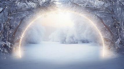 christmas arch decorated with lights of glowing garlands, background greeting card copy space