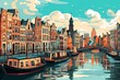 Amsterdam scenery, adorable cartoon style. Digital artwork illustration. Generative AI