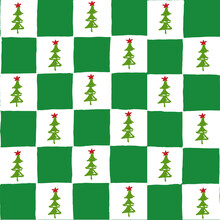 Seamless Vector Repeating Pattern With Hand Drawn Checkerboard In Green And White And A Little Christmas Tree Half Drop With A Star Tree Topper. Christmas Red Checkers With Green Holiday Trees.