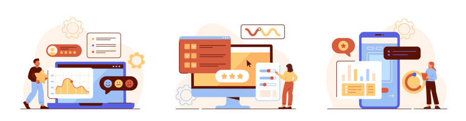 User experience set. Man and women developing interface for programs and applications. Feedback and reviews, rating and ranking. Cartoon flat vector illustrations isolated on white background