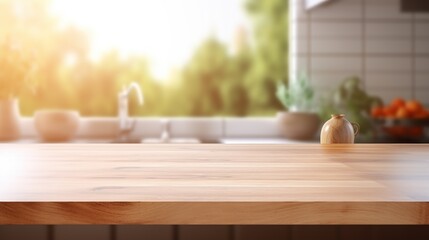 Wooden table on blurred kitchen bench background, Advertisement, Print media, Illustration, Banner, for website, copy space, for word, template, presentation