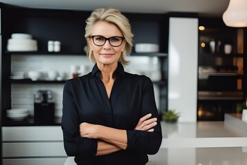 Wall Mural - Confident stylish mature mid aged woman standing at her modern home kitchen. Mature businesswoman, blond lady executive business leader manager looking at camera arms crossed,