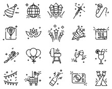 Happy New Year Line Icons Set. Mono Vector Symbol