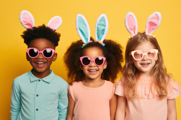 Wall Mural - Group of funny happy multiracial children wearing bunny headbands and sunglasses on solid yellow background.