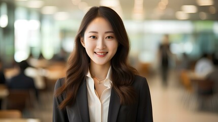 Wall Mural - Happy young korean business woman standing at meeting. generative AI