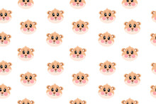 Seamless Pattern With Cartoon Kawaii Cute Hamster Face For Children Isolated On White Background