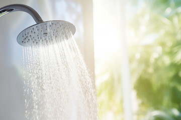 Water running from shower head and faucet in modern bathroom.