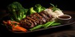 steak with sauce, rice and green veggies, generative AI