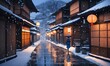 日本の京都の冬の美しい景色、絵画。 古い町並み。雪が積もった石畳に明かりが反射している｜Beautiful winter scenery of Kyoto, Japan, painting. Old townscape. Lights are reflected on the snow-covered cobblestones. Generative AI