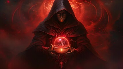Wall Mural - a bright red gemstone glows on the forehead of a hooded figure as a powerful spell of magic is activ