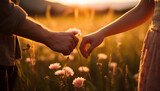 Fototapeta Przestrzenne - couple holding hands in the field, love