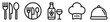 Conjunto de iconos de restaurante. Gastronomía. Utensilios, plato con cubiertos, botella y copa de vino, sombrero de chef, menú de comida. Ilustración vectorial