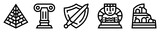 Fototapeta  - Conjunto de iconos de civilización antigua. Arqueología. Pirámide, columna griega, espada con escudo, ruinas. Ilustración vectorial