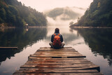 Fototapeta  - Person with hoodie and orange backpack sitting on a dock gazing at the calm water of serene lake. Created with Generative AI technology
