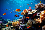 Fototapeta Do akwarium - coral reef in the sea. Colorful tropical fish and coral reef in the ocean. Scuba diving and marine life background. 