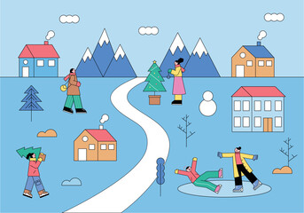Wall Mural - A village where it snows. There are small houses, people enjoying winter outdoors.