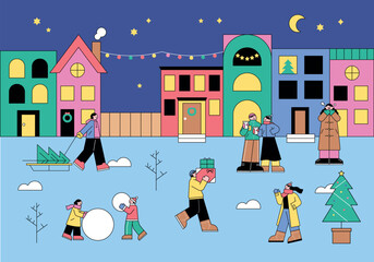 Wall Mural - a village where it snows. houses are in a row in the background. people are preparing for christmas 
