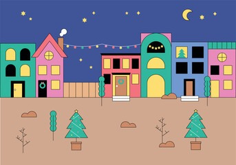 Wall Mural - winter night. houses are in a row in the background.