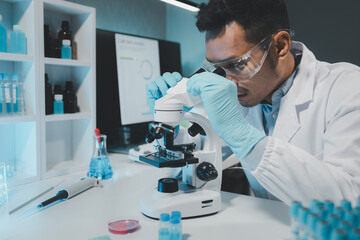 chemist is doing an experiment in the laboratory, A scientist is using a microscope to analyze the chemical composition, A scientific experiment is searching for biological answers in a laboratory,