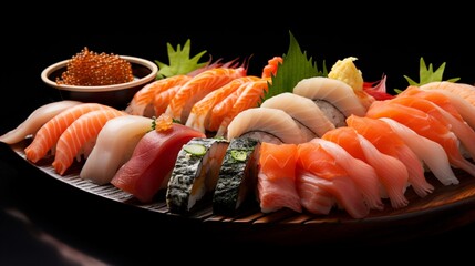 Wall Mural - A traditional Japanese sushi platter, featuring an assortment of nigiri and sashimi. The fish is fresh and vibrant, laid on perfectly shaped rice. 