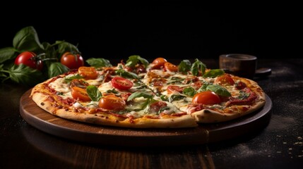 Wall Mural - A rustic, artisanal wood-fired pizza with a golden-brown, bubbly crust. Toppings include mozzarella cheese, cherry tomatoes, basil leaves, and a drizzle of olive oil. 