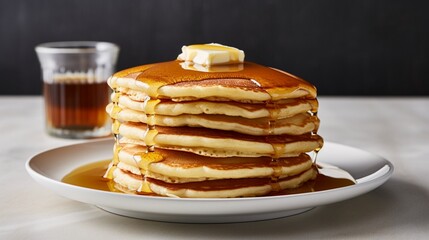 Wall Mural - A stack of fluffy pancakes with maple syrup and butter, on a simple white plate and background.