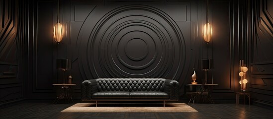 Sticker - Incorporating an abstract vintage design with AI technology the wall in the black themed interior room showcases a captivating illustration creating a unique concept that blends architectur