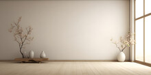 Empty Room In A Modern Minimalist House With White Wall Wallpaper, In The Style Of Japanese Zen Inspired, Beige, Minimalist Stage Design 