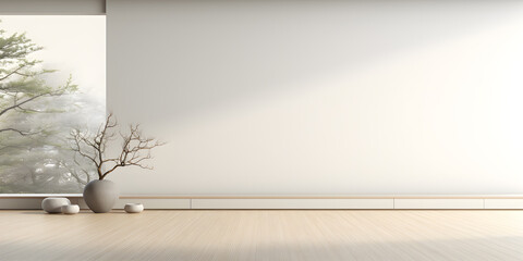 Wall Mural - Empty room in a modern minimalist house with white wall wallpaper, in the style of Japanese zen inspired, beige, minimalist stage design 