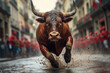 Bulls are running in street during festival in Spain
