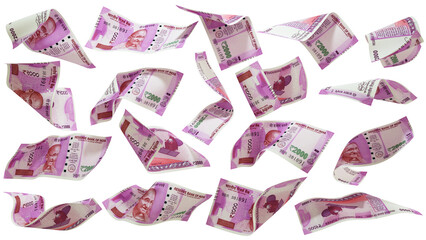 Aufkleber - 3D rendering of 2000 Indian rupee notes flying in different angles and orientations isolated on transparent background