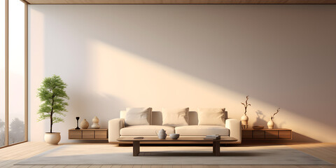 Wall Mural - Living room interior wooden floor in the style of Japanese zen inspired, beige, minimalist design, Warm light from the window