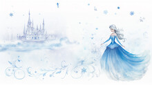 Fairy Princess Castle, Light Blue Watercolor On A White Background, Illustration For A Children's Book