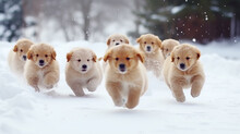 A Group Of Cheerful Dogs Runs In Dynamic Poses Through The Winter Fluffy Snow On A Frosty Sunny Day, Fluffy Pets, Christmas Snowflakes
