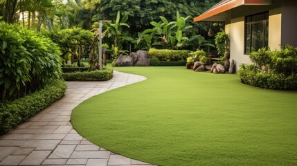 Poster - Garden landscape design with pathway intersecting bright green lawns and shrubs white sheet walkway in the garden. Landscape design with colorful shrubs. grass with bricks pathways. lawn care service.