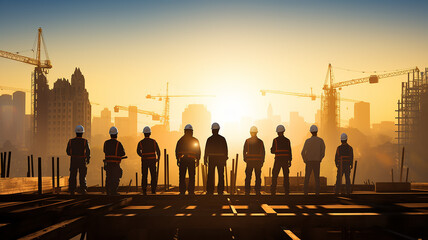 Wall Mural - group of builders silhouette of workers on a construction site, standing in a row against a sunset background, with a copy space