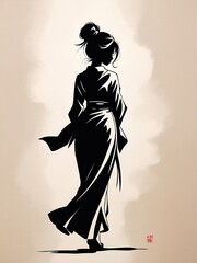 Wall Mural - female black sumie silhouette style, AI generated