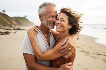 old smiling couple hugging and kissing on beach, big love