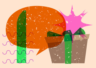Poster - Risograph gift box with speech bubble with geometric shapes. Holiday objects in trendy riso graph print texture style design with geometry elements.