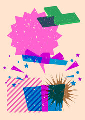 Poster - Risograph gift box with speech bubble with geometric shapes. Holiday objects in trendy riso graph print texture style design with geometry elements.