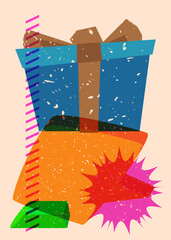Poster - Risograph gift box with speech bubble with geometric shapes. Holiday objects in trendy riso graph print texture style design with geometry elements.