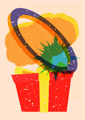 Poster - Risograph gift box with speech bubble with geometric shapes. Holiday objects in trendy riso graph print texture style design with geometry elements.