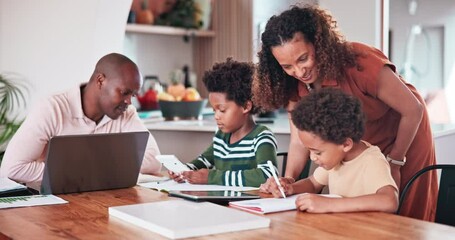 Poster - Happy black family, writing and working in kitchen for learning, education or homework together at home. Mother helping children with books, test or study while dad busy in living room at house