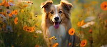 Lush Green Garden A Happy Dog With A Cute Face Could Be Seen Surrounded By Colorful Flowers Embodying The Joy Of Nature Summer The Background Of The Portrait Was A Blend Of Spring Grass And