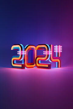 Calendar header number 2024 on  pink and blue  background. Happy new year 2024 colorful background.