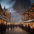  In a snowy medieval town square Christmas market