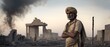 Sad indian man with arms crossed standing on a blurred war ruins background from Generative AI