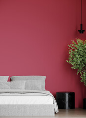 Wall Mural - Bedroom premium in bright color magenta or hot pink rose. Modern rich room interior home design and furniture. Wall empty painting fuchsia tone. Large strawberry space. Light bed hotel. 3d render 